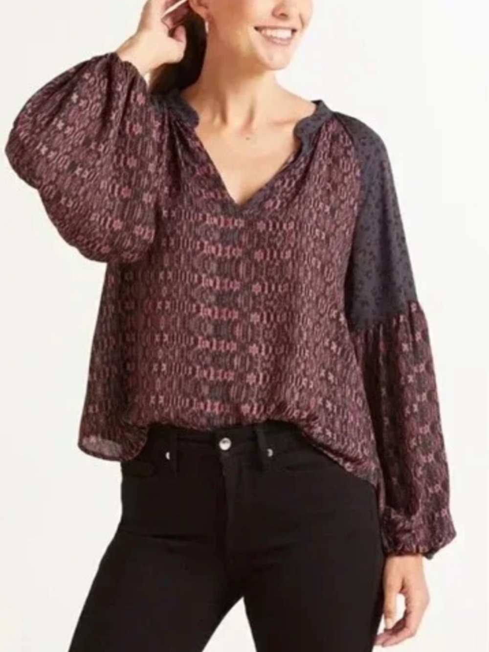 Women's Mixed-Print Long Sleeve Blouse in Wine and Black